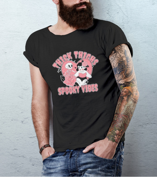 Thick Thighs Spooky Vibes Skeleton Heart Pin-Up Rose T-Shirt