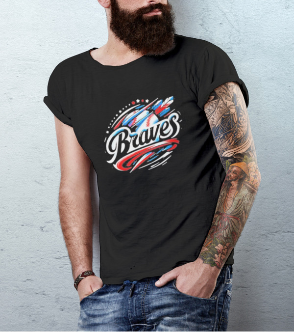 Braves Baseball Feathers MLB Team Logo With Stars And Stripes Motif T-Shirt