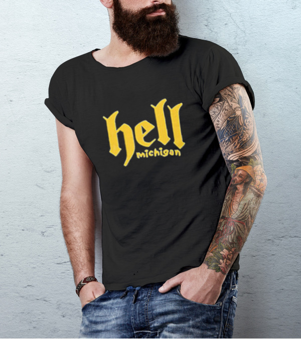Hell Michigan Yellow Gothic Text T-Shirt