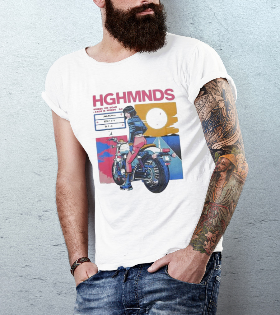 Hghmnds Where The Road Leads Is Where I Go Unknown Educate Elevate Biker Anime Style Moon Sun Desert Journey T-Shirt
