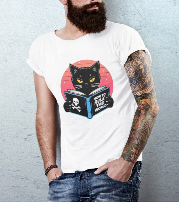 How To Rule The World Black Cat Reading Book With Skull T-Shirt