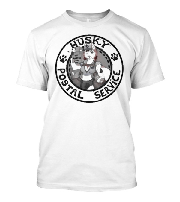 Husky Postal Service Paw Print Circle With Uniformed Mascot Holding Packages T-Shirt