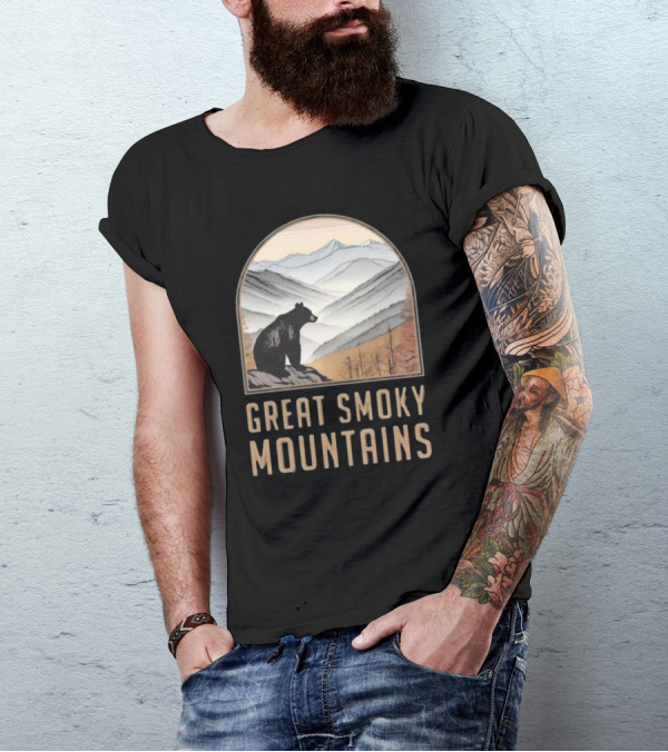 Great Smoky Mountains National Park Bear Silhouette Over Scenic Mountain Landscape T-Shirt
