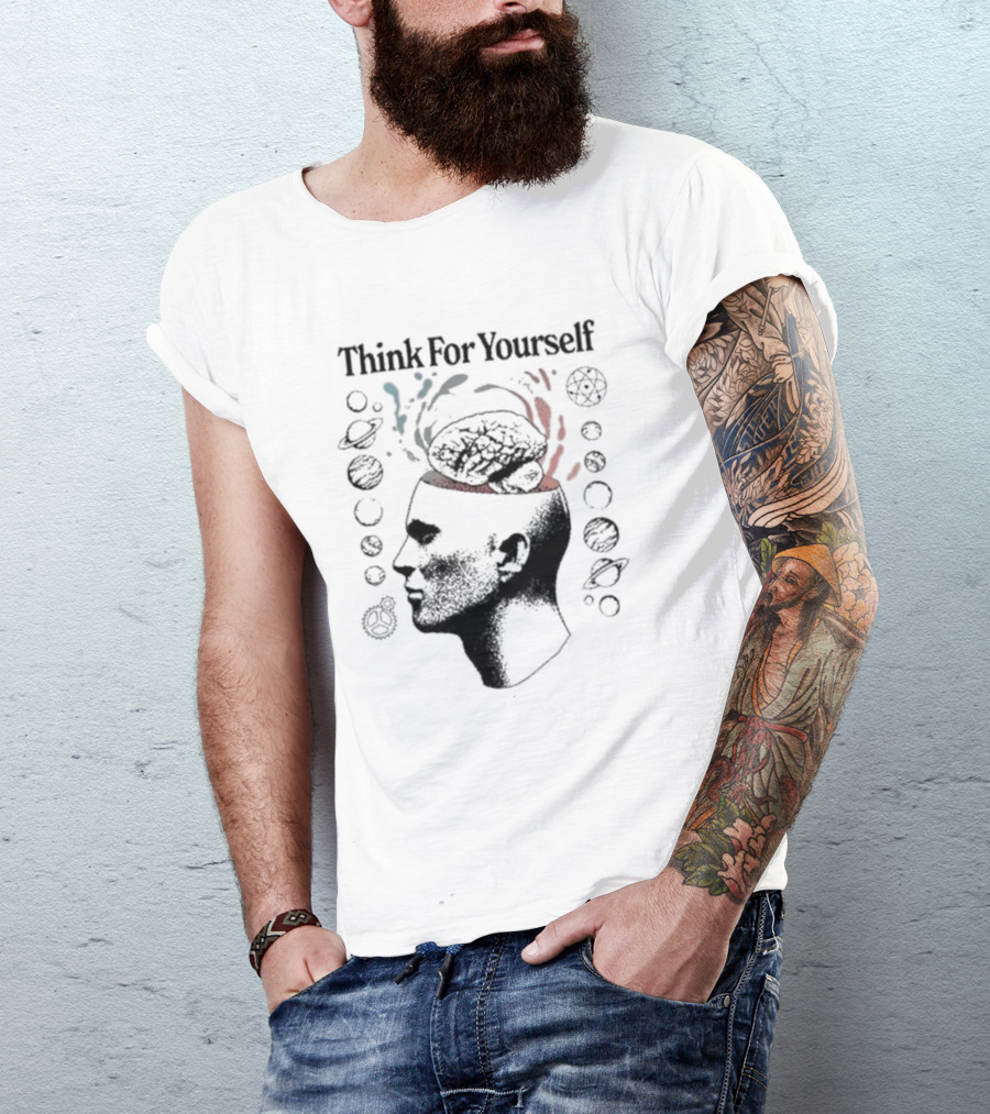 Think For Yourself Brain With Planets And Geometric Symbols T-Shirt
