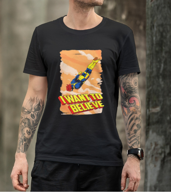 I Want To Believe Superheroes Retro Flying Hero In Yellow And Blue Suit T-Shirt