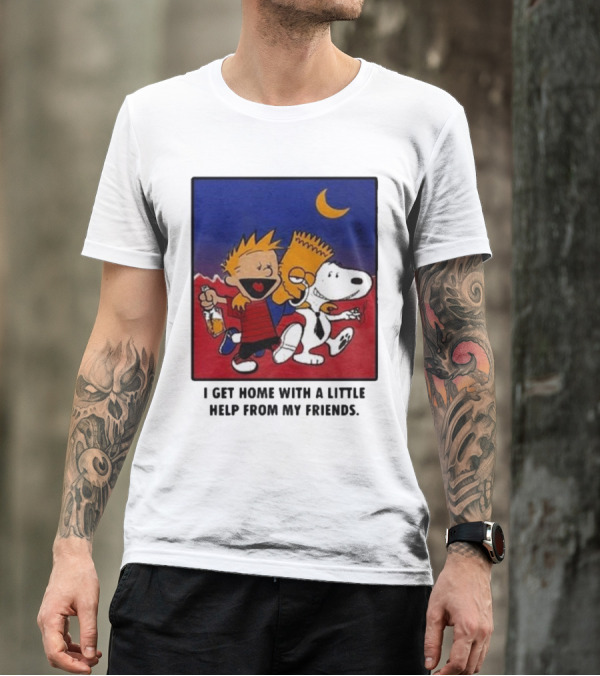 For All To Envy I Get Home With A Little Help From My Friends Calvin Bart Snoopy Trio T-Shirt