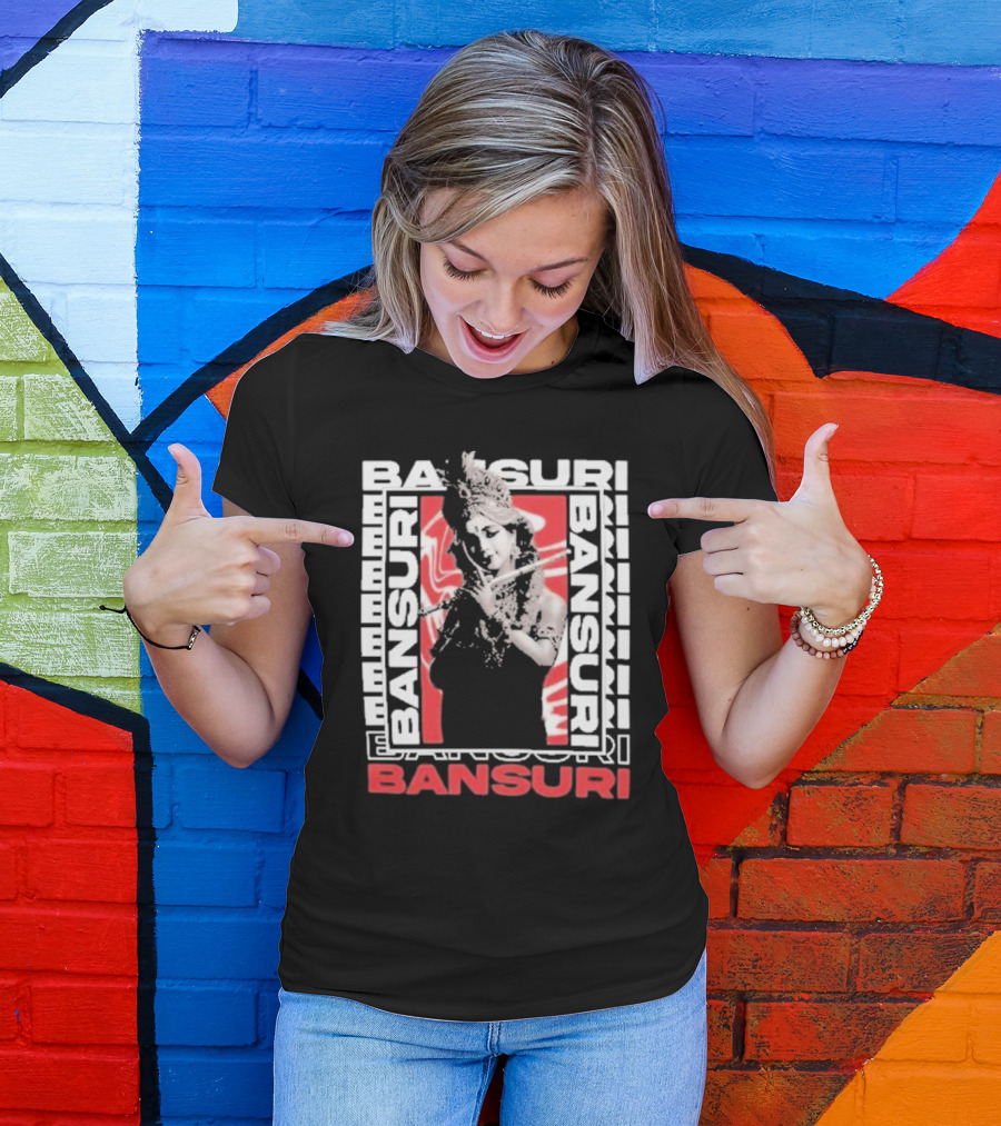 Bansuri Beautiful Girl With Flute Elegantly Framed In Red And White T-Shirt