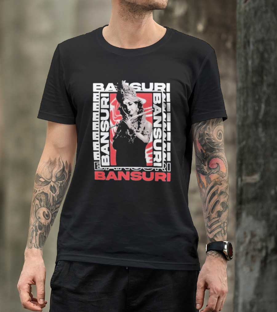 Bansuri Beautiful Girl With Flute Elegantly Framed In Red And White T-Shirt