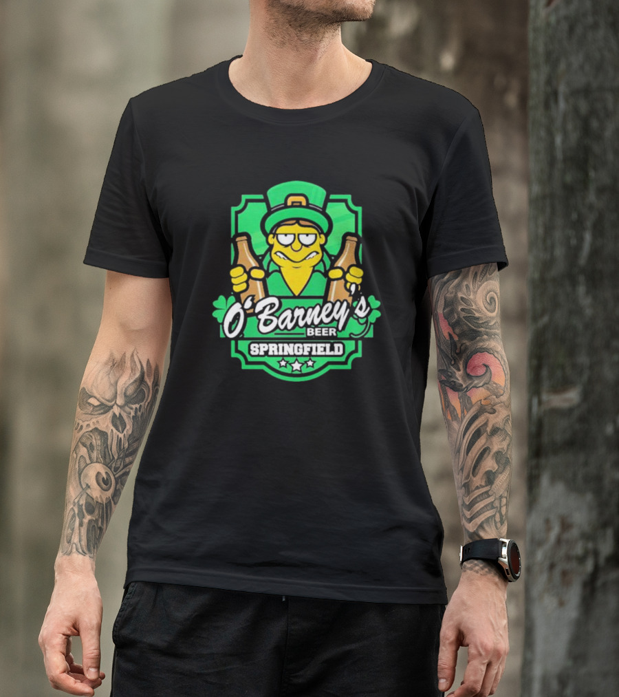 O’Barney’s Beer Springfield Leprechaun Holding Bottles Shamrock Badge T-Shirt
