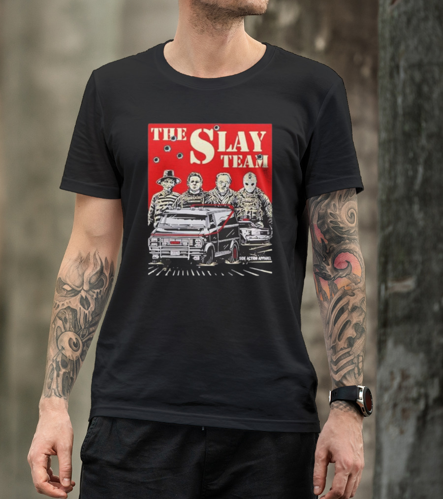 The Slay Team Horror Movies Characters Side Action T-Shirt