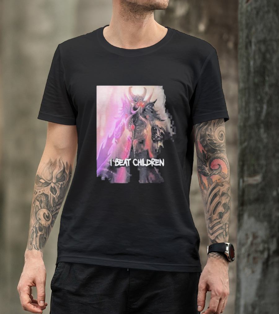 Kassadin I Beat Children Text Featuring Dark Mysterious Armored Character With Glowing Accents T-Shirt