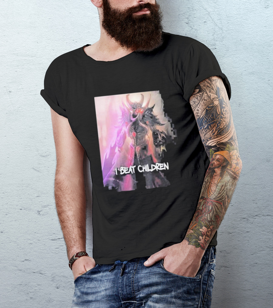 Kassadin I Beat Children Text Featuring Dark Mysterious Armored Character With Glowing Accents T-Shirt