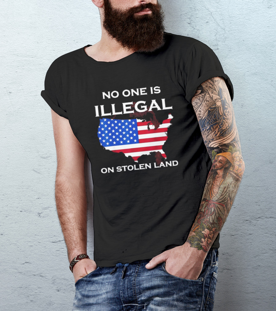 No One Is Illegal On Stolen Land America With United States Flag Map T-Shirt