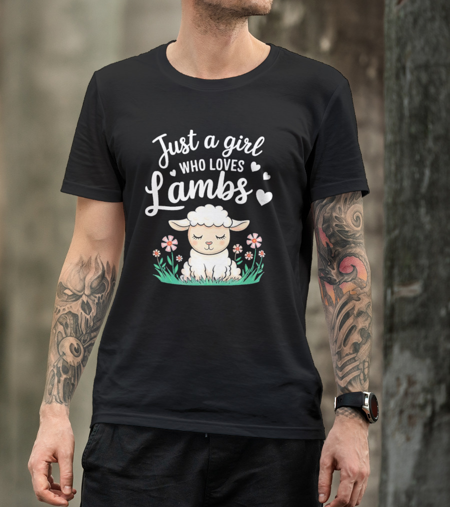 Just A Girl Who Loves Lambs Cute Animals Lover With Hearts And Flowers T-Shirt