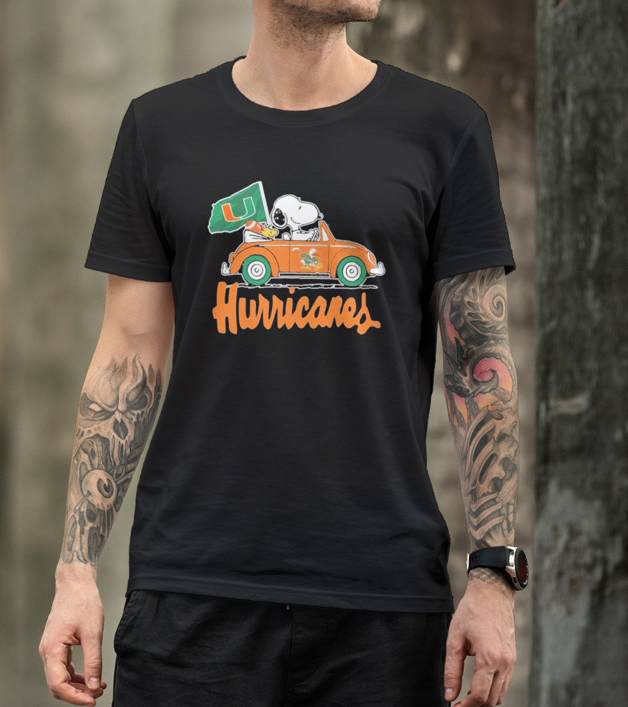Peanuts Snoopy Woodstock Miami Hurricanes Car Driving With Flag T-Shirt