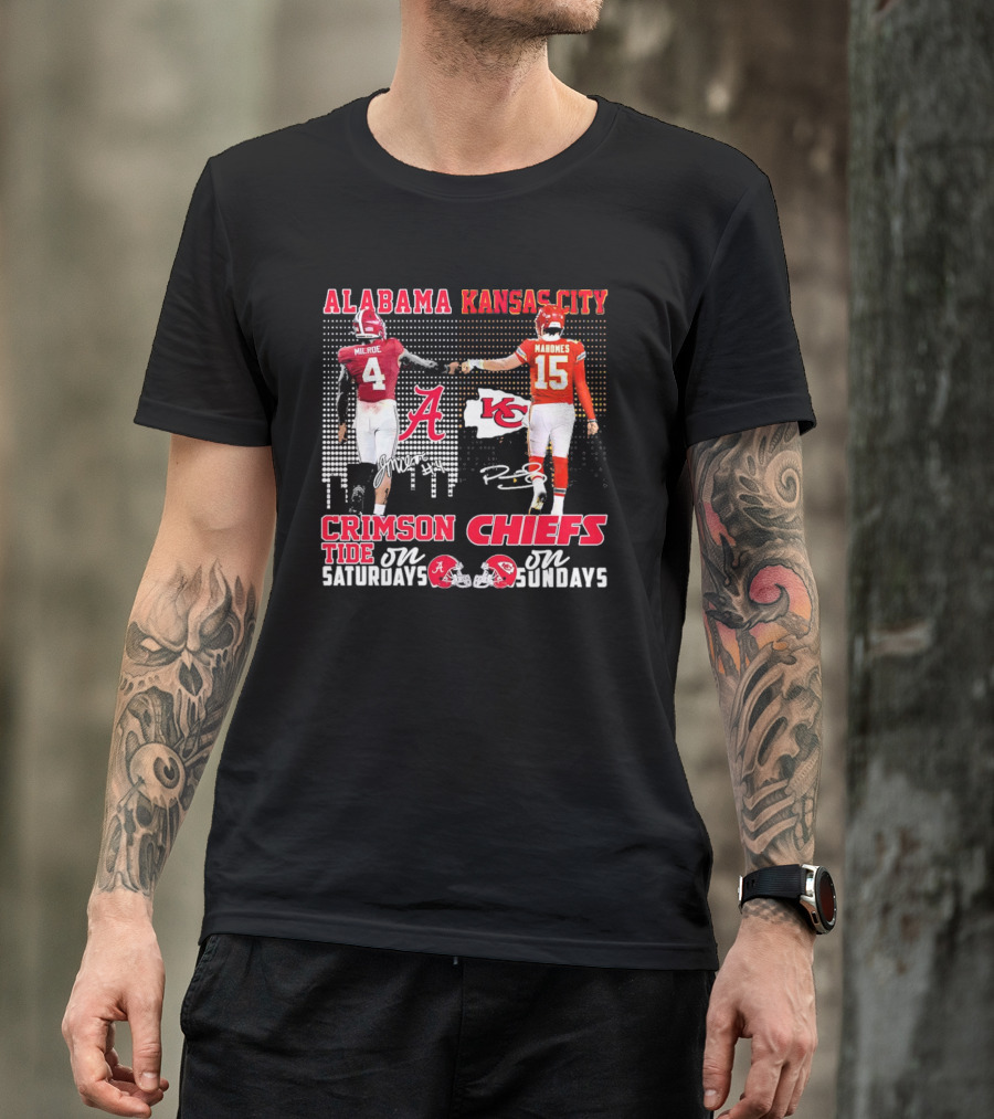 Alabama Crimson Tide Jalen Milroe Saturdays X Kansas City Chiefs Patrick Mahomes Sundays T-Shirt