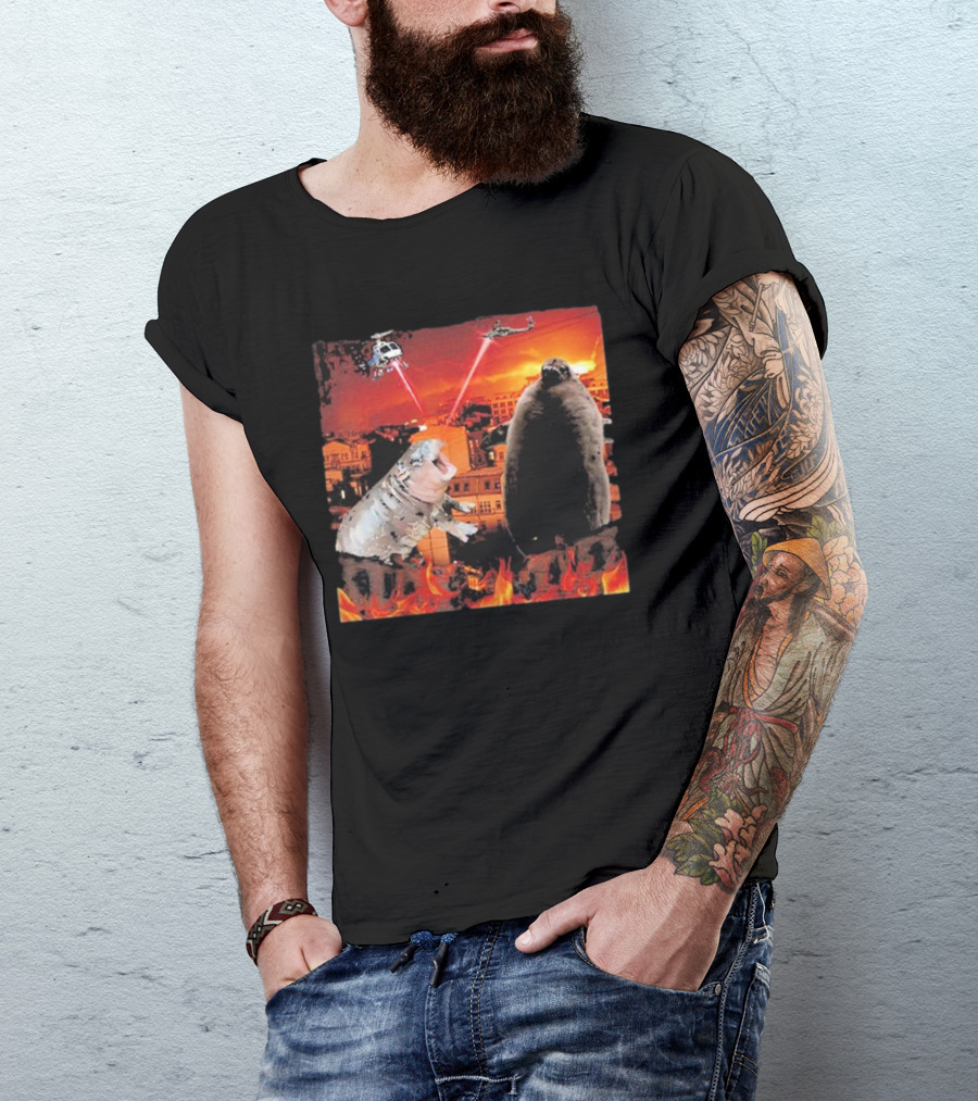 Moo Deng Pesto Helicopter Laser Battle Destroy City Fire Scene T-Shirt