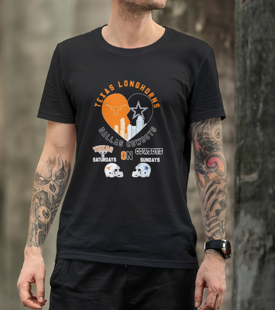 Texas Longhorns Dallas Cowboys Heart Skyline Saturdays Sundays Football Helmets T-Shirt