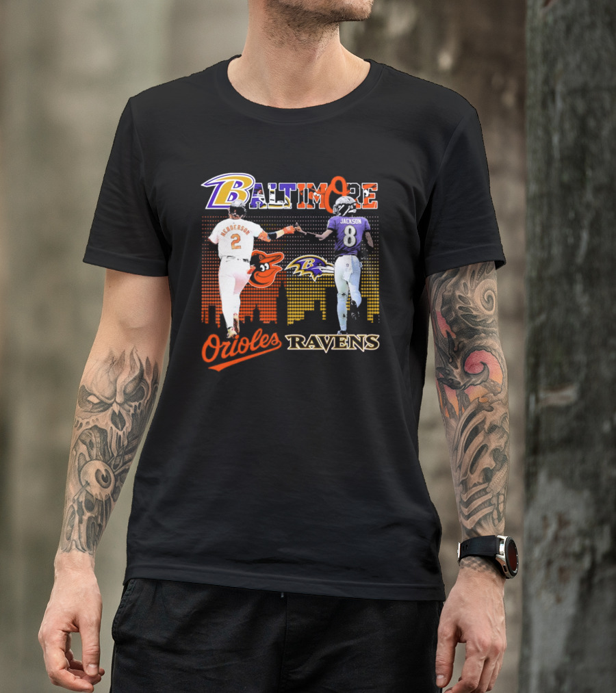 Baltimore Orioles Gunnar Henderson Baltimore Ravens Lamar Jackson City Skyline T-Shirt