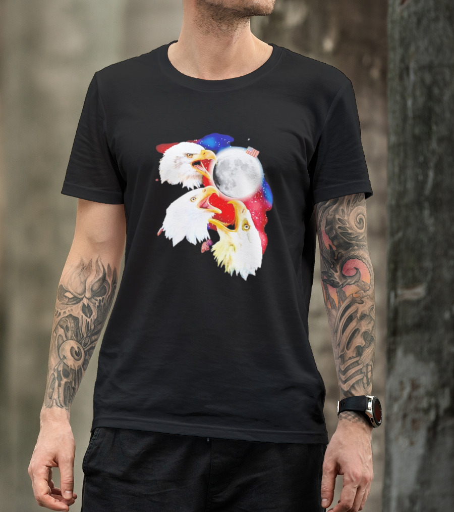 Three Eagles To The Moon American Flag Lunar Trio T-Shirt