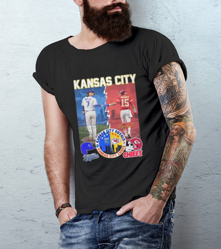 Kansas City Royals Bobby Witt Jr And Chiefs Patrick Mahomes Skyline Logos And Signatures T-Shirt