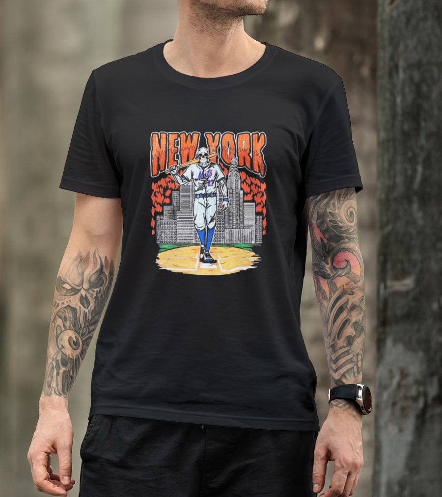 Reed Garrett New York Mets MLB Painting Skeleton Batter City Skyline T-Shirt