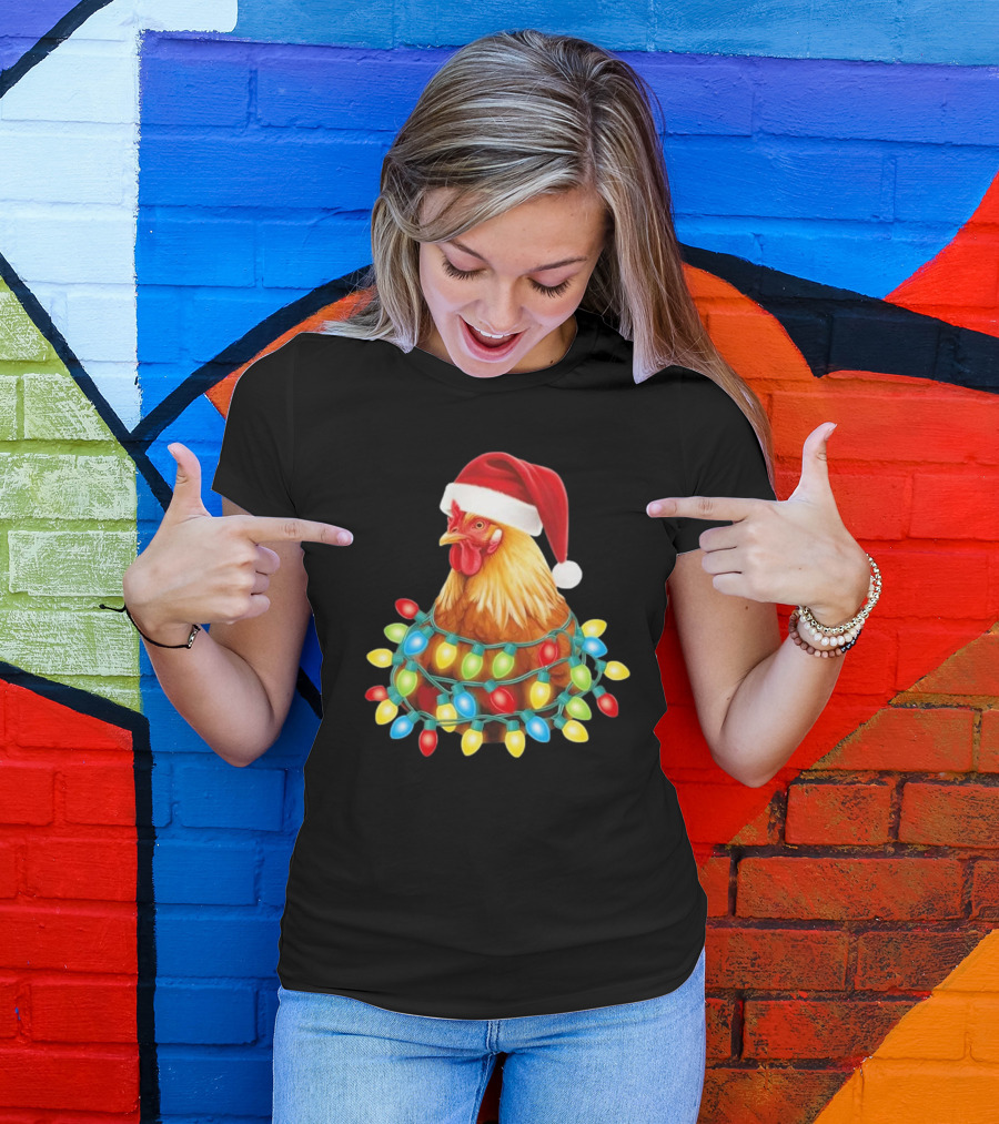 Santa Chicken Christmas Lights Festive Hilarious T-Shirt