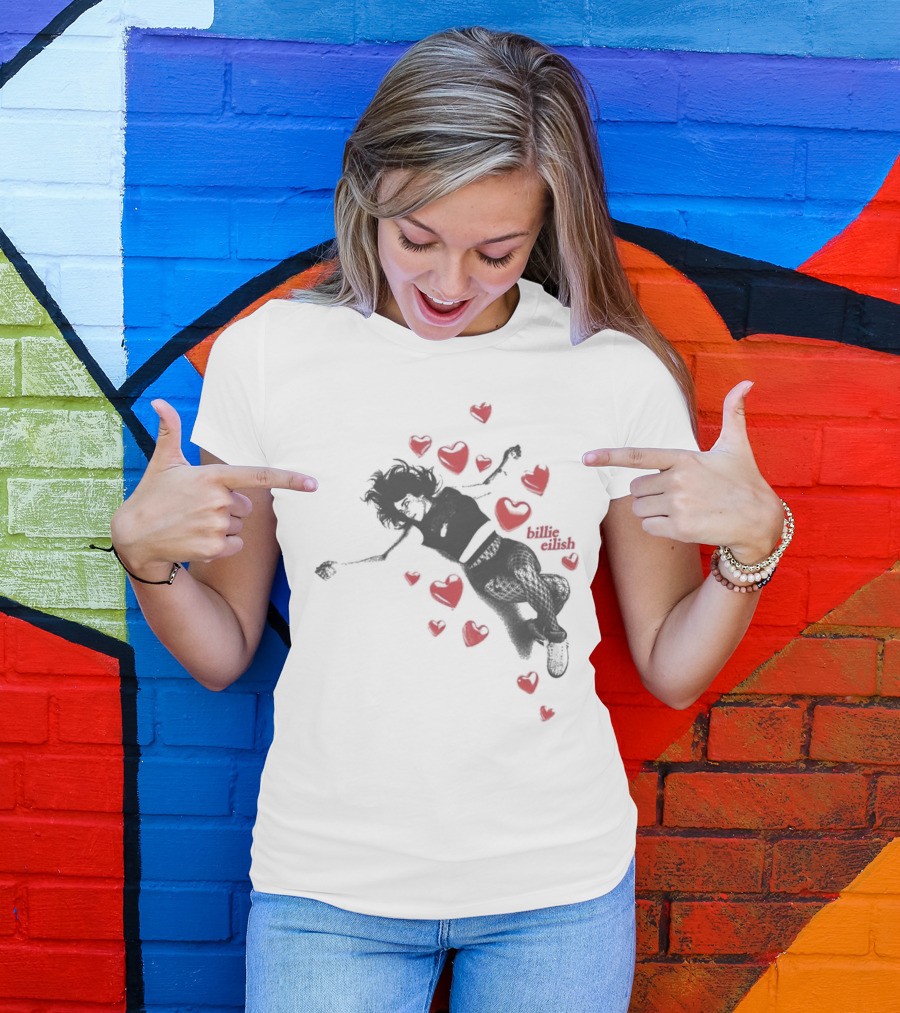 Billie Eilish Surrounded By Floating Red Hearts Valentine T-Shirt