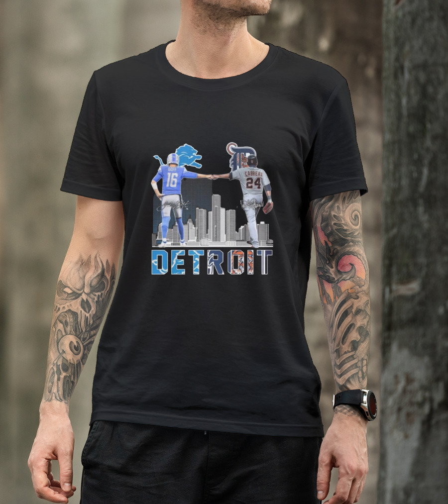 Detroit Lions Goff Tigers Cabrera Signatures Skyline T-Shirt