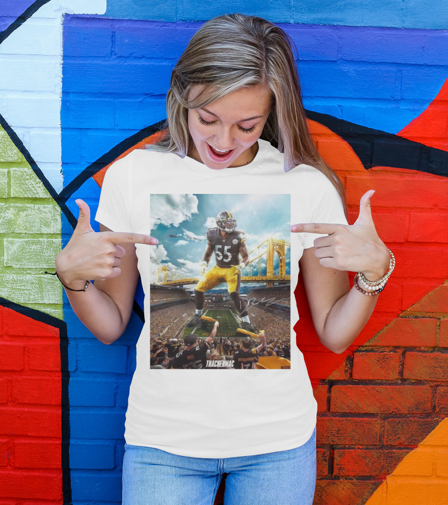 Thachermac Pittsburgh Steelers 55 Player In Stadium With Signature And Bridge Background T-Shirt
