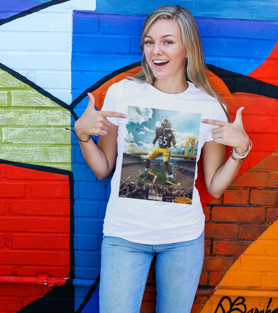 Thachermac Pittsburgh Steelers 55 Player In Stadium With Signature And Bridge Background T-Shirt