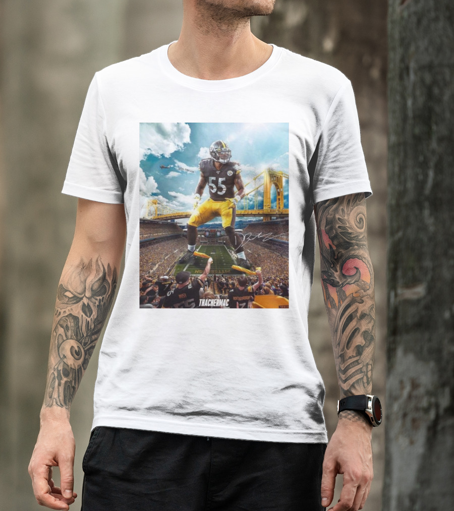Thachermac Pittsburgh Steelers 55 Player In Stadium With Signature And Bridge Background T-Shirt