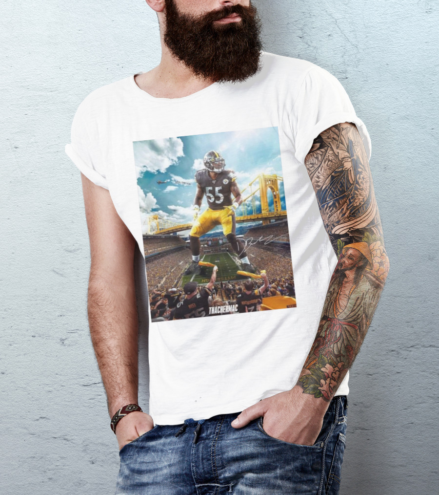 Thachermac Pittsburgh Steelers 55 Player In Stadium With Signature And Bridge Background T-Shirt