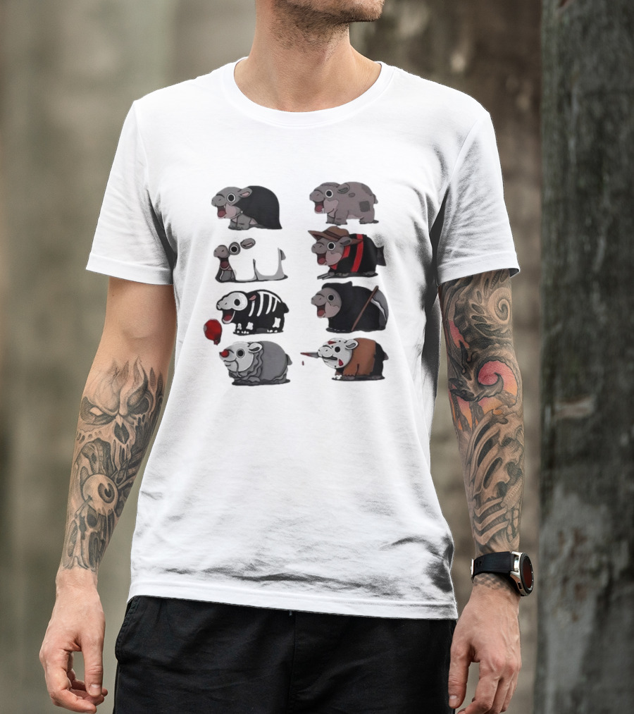 Scary Hippo Moo Deng Parody Characters In Horror Costumes T-Shirt
