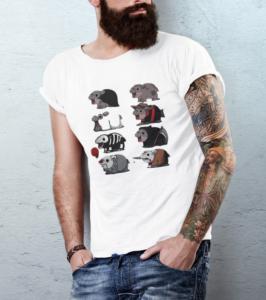 Scary Hippo Moo Deng Parody Characters In Horror Costumes T-Shirt