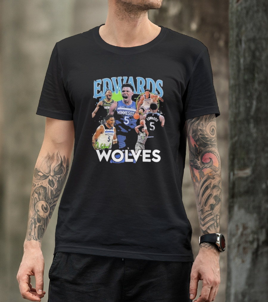 EDWARDS Minnesota Wolves Number 5 Basketball Action Collage T-Shirt