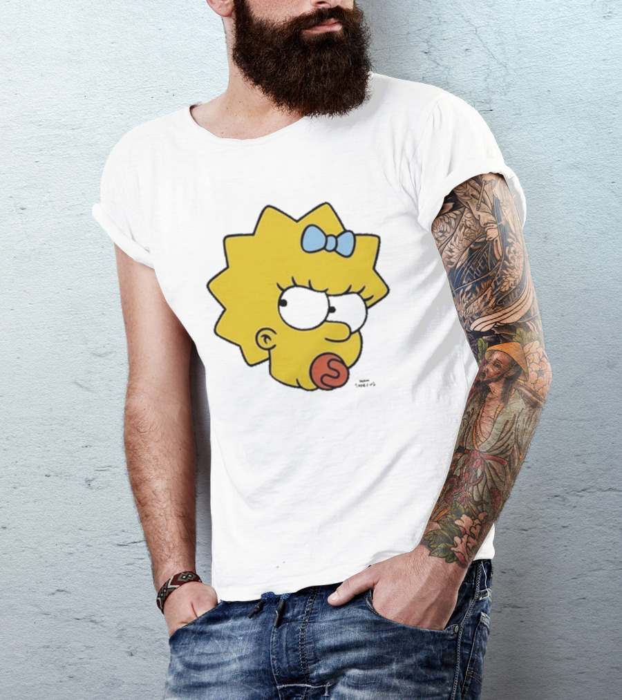 Simpsons Maggie Angry Big Face Black Sunglasses Blue Bow T-Shirt