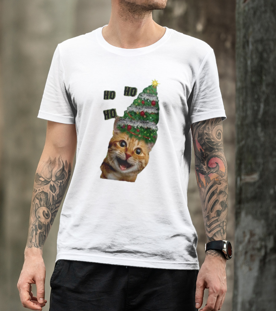 Cat With Christmas Tree Hat Ho Ho Ho Christmas T-Shirt