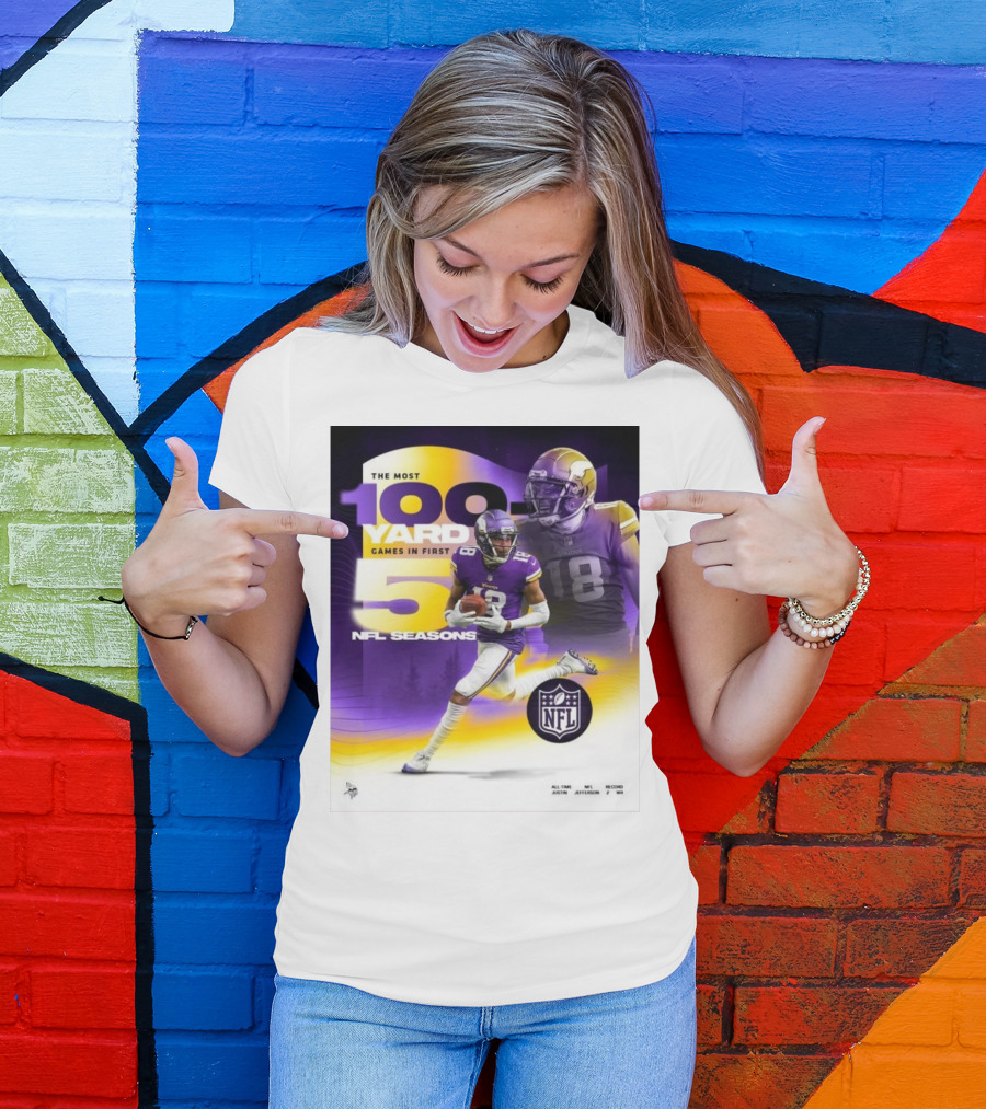 The Most 100 Yard Games In First 5 NFL Seasons Minnesota Vikings Justin Jefferson T-Shirt
