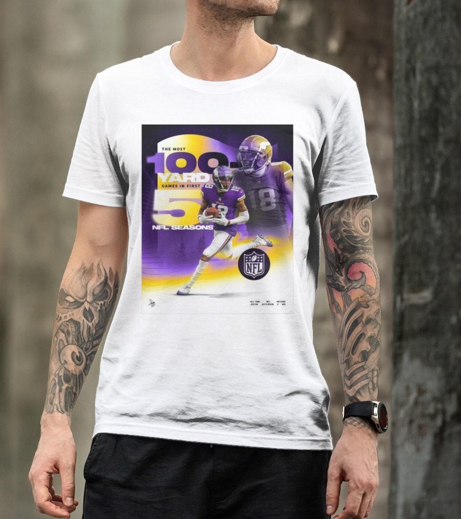 The Most 100 Yard Games In First 5 NFL Seasons Minnesota Vikings Justin Jefferson T-Shirt