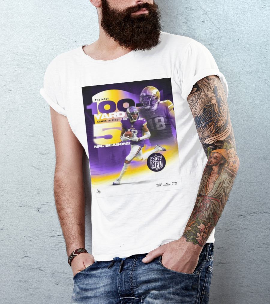 The Most 100 Yard Games In First 5 NFL Seasons Minnesota Vikings Justin Jefferson T-Shirt