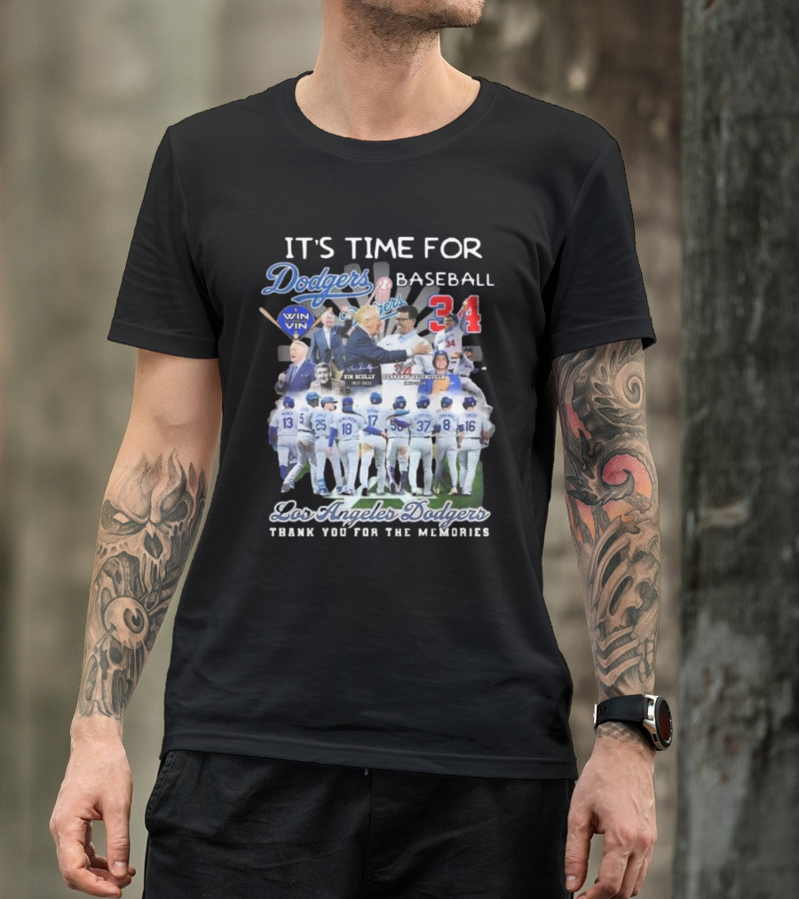 Los Angeles Dodgers It's Time For Baseball Thank You For The Memories Vin Scully 34 Signatures T-Shirt