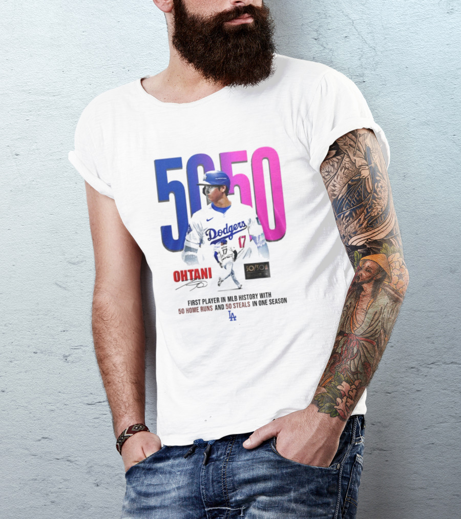 Los Angeles Dodgers Shohei Ohtani 50/50 First Player In MLB History With 50 Home Runs And 50 Steals In One Season T-Shirt