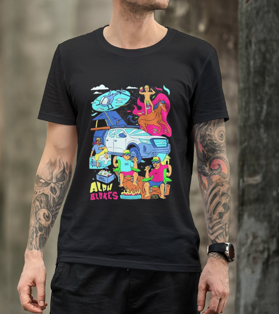 Alpha Blokes Podcast Cartoon Adventure Helicopter Beer Camping Fire T-Shirt