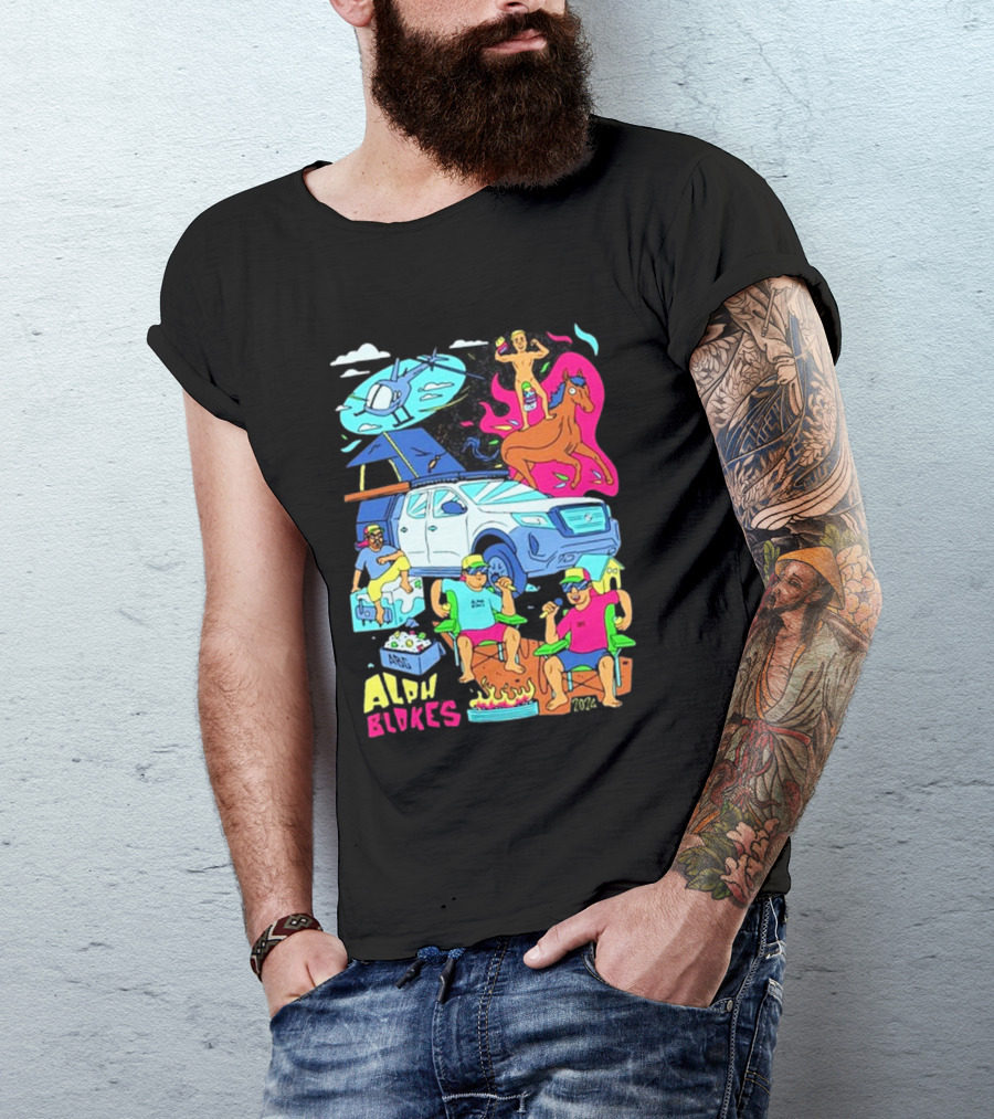 Alpha Blokes Podcast Cartoon Adventure Helicopter Beer Camping Fire T-Shirt