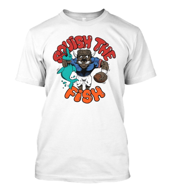 Buffalo Bills NFL Squish The Fish Vintage Rivalry Graphic Featuring Cartoon Football Player And Fish T-Shirt