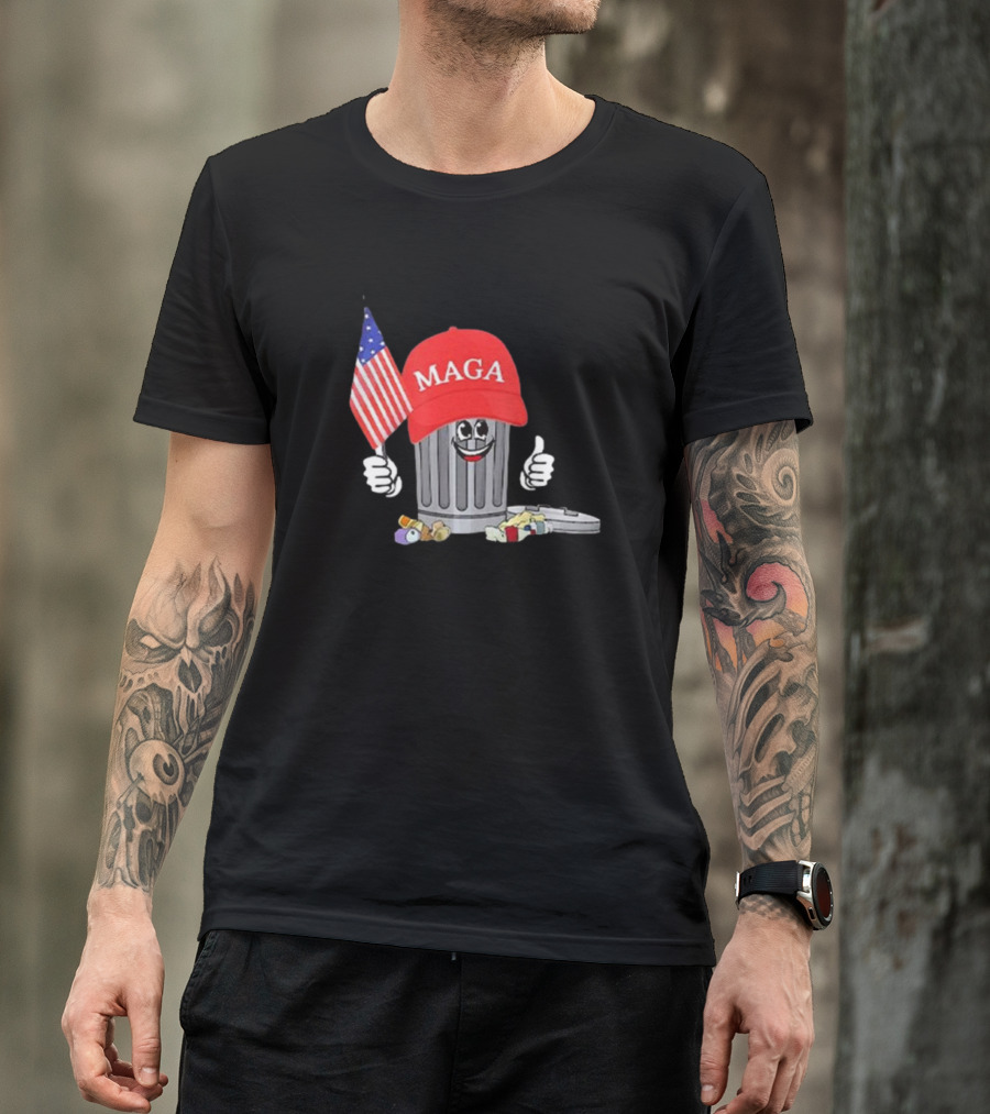 MAGA Hat Wearing Garbage Can Giving Thumbs Up Holding American Flag T-Shirt
