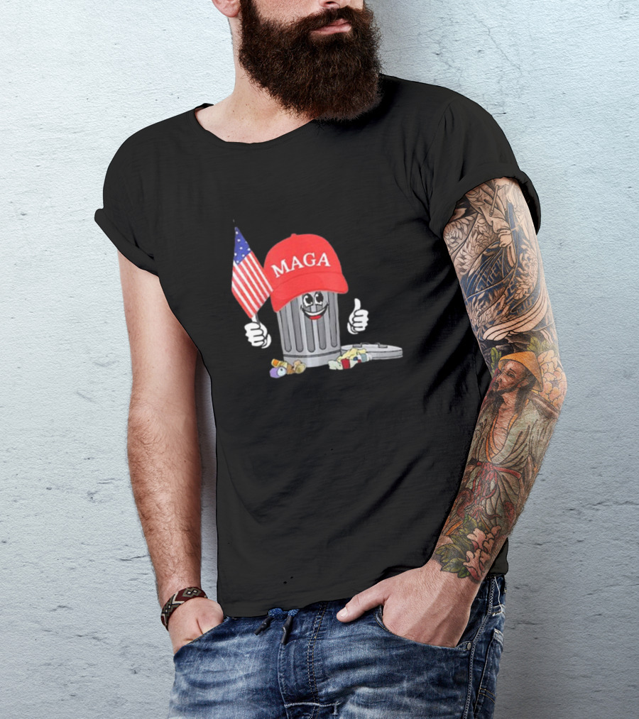 MAGA Hat Wearing Garbage Can Giving Thumbs Up Holding American Flag T-Shirt