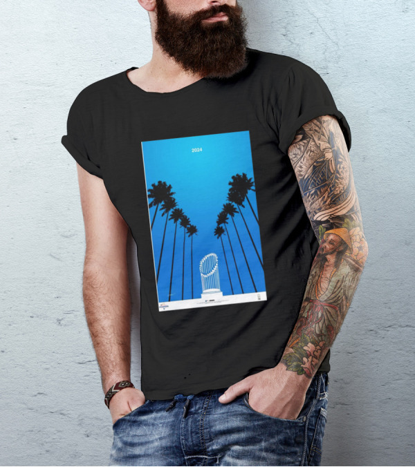 Los Angeles Dodgers 2024 World Series Champions Minimalist Poster With Trophy And Palm Trees T-Shirt