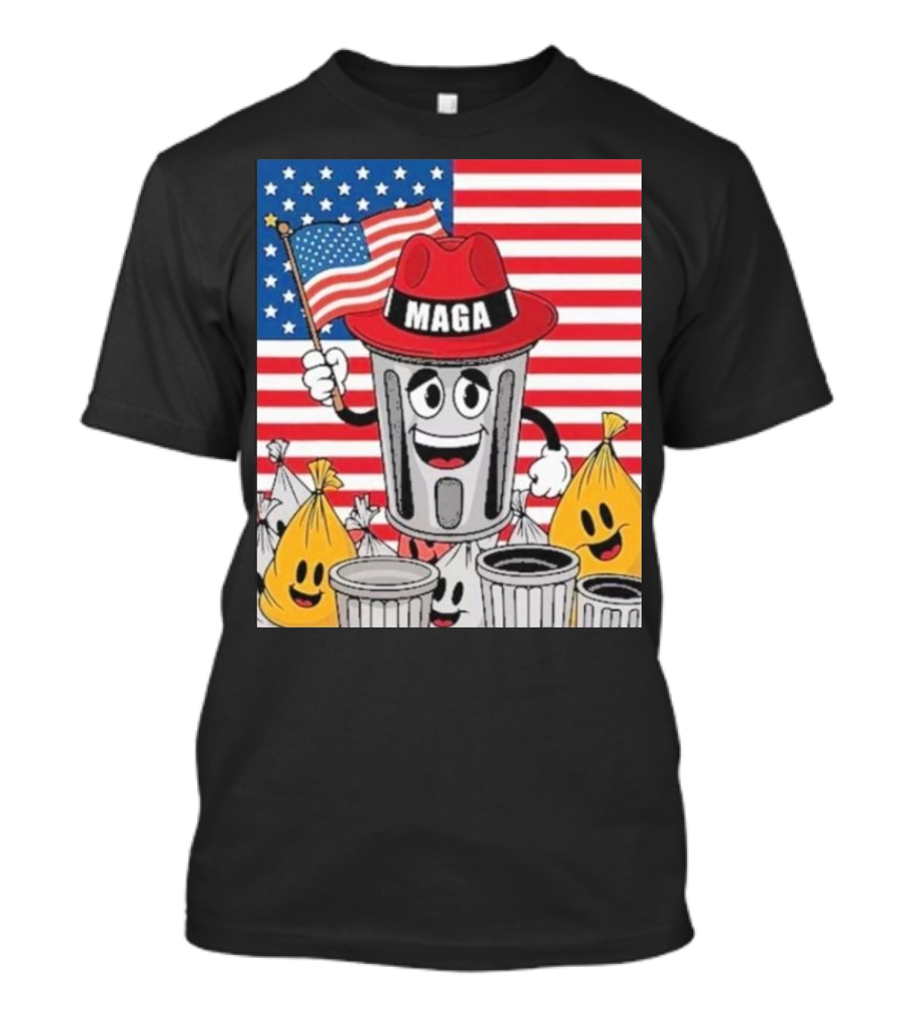 MAGA Trash Can Cartoon Trump Supporter With Flag Patriotic T-Shirt